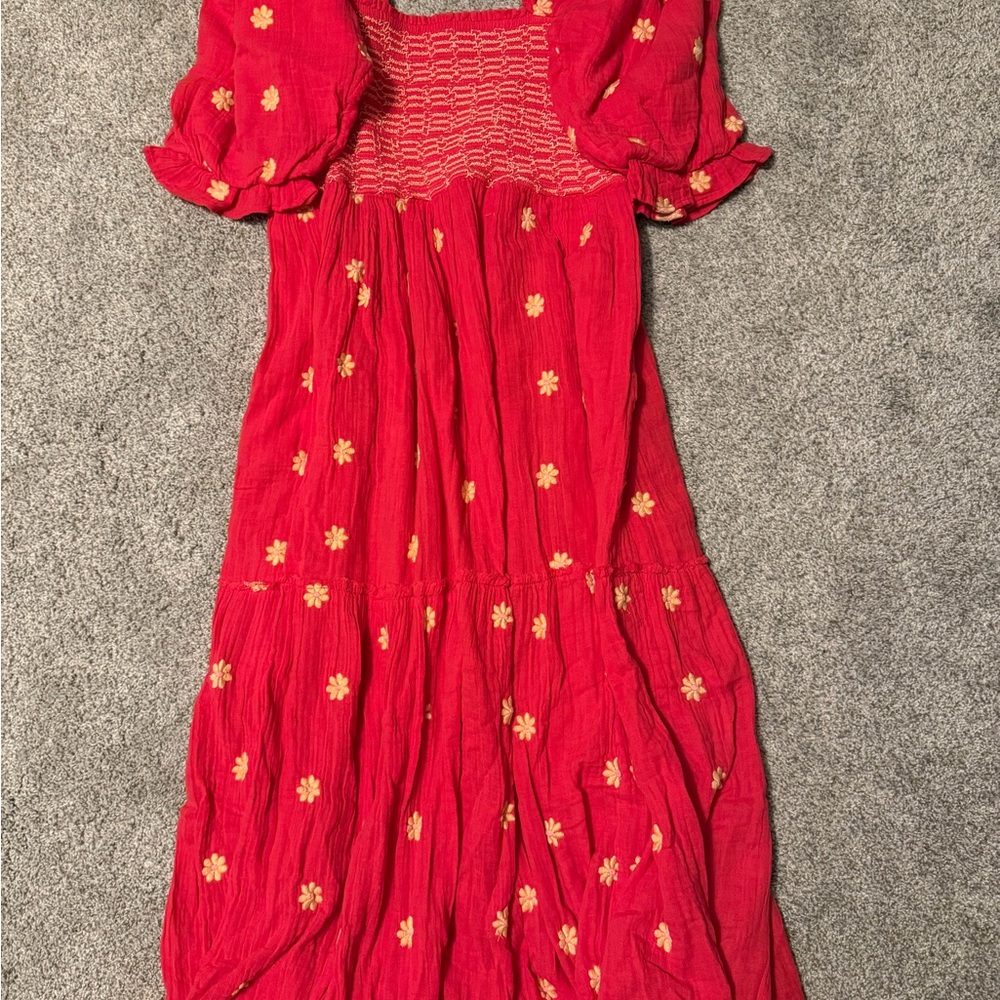 Free People Red Midi Dress with Yellow Floral Embroidery
